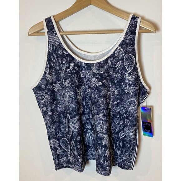 Lucky in Love Tops - NWT Lucky in Love Tank Top Activewear Fitted Navy Blue White Floral XL New